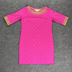 Gretchen Scott Dress Womens XL Pink Dot Jersey Shift Half Sleeve Travel